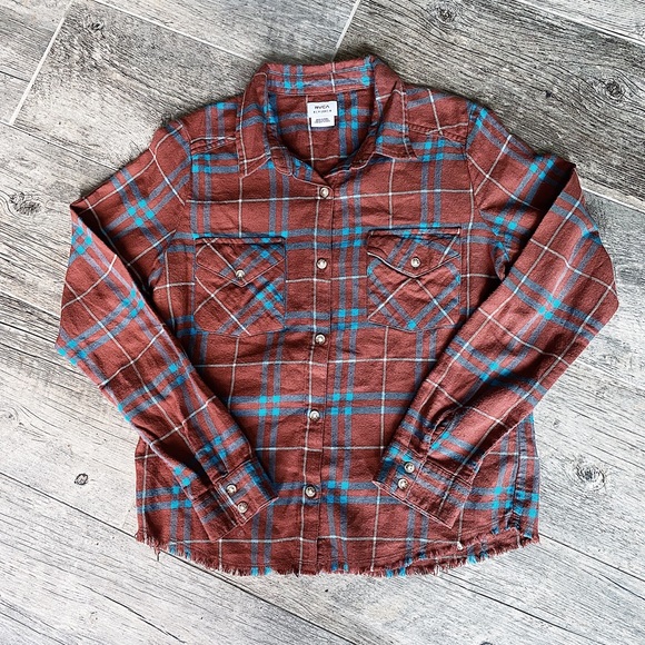 RVCA women’s in a haze rust long sleeve button down raw hem flannel shirt - Picture 3 of 8